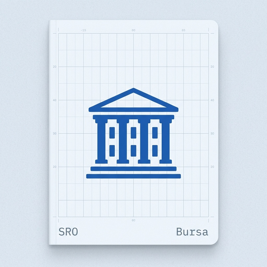 Ikon gedung bursa berwarna biru fungsional pada latar papan data